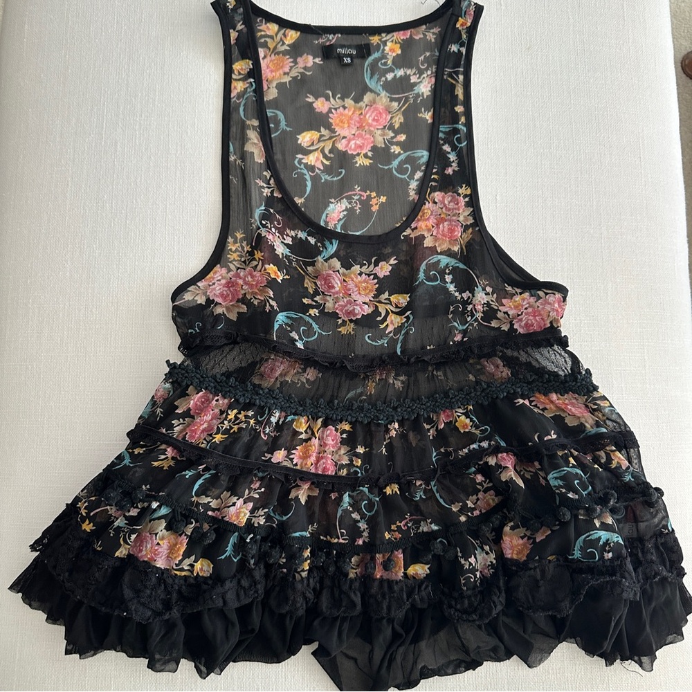 BOHO Floral Sheer Black Ruffled Blouse